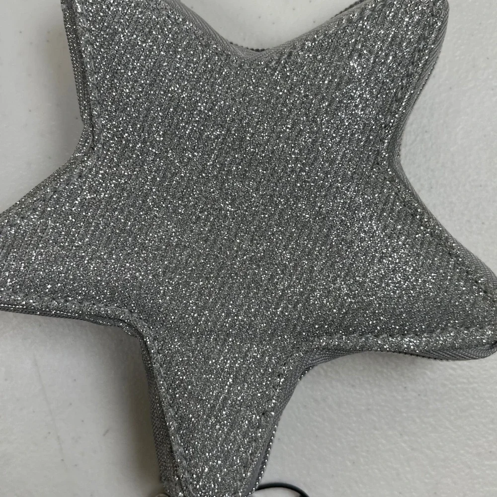 Victoria's Secret Star Glitter Keychain Coin Pouch Women Silver Sparkle Zip Case - Picture 2 of 5